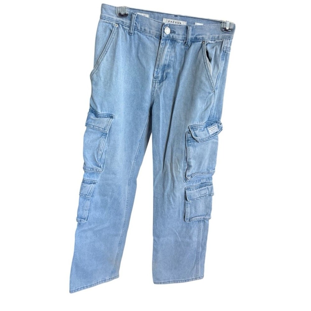 Pacsun 90s Baggy Cargo Jeans Y2K Mid Rise Light Wash 090223 Size 28 x 30 READ
